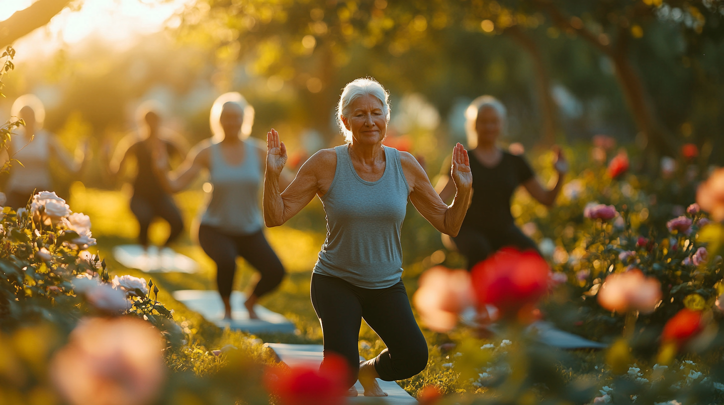 Група людей старшого віку займається йогою на свіжому повітрі в парку